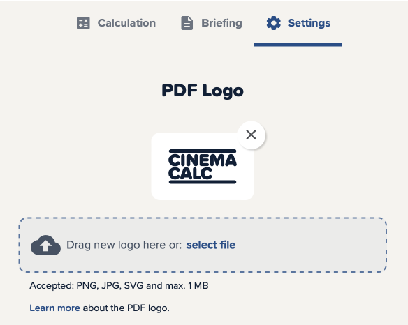 Screenshot of the Cinema Calc app after adding a logo in the calculation settings