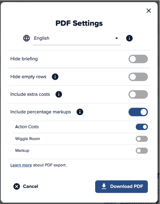 Screenshot of the PDF export settings in Cinema Calc