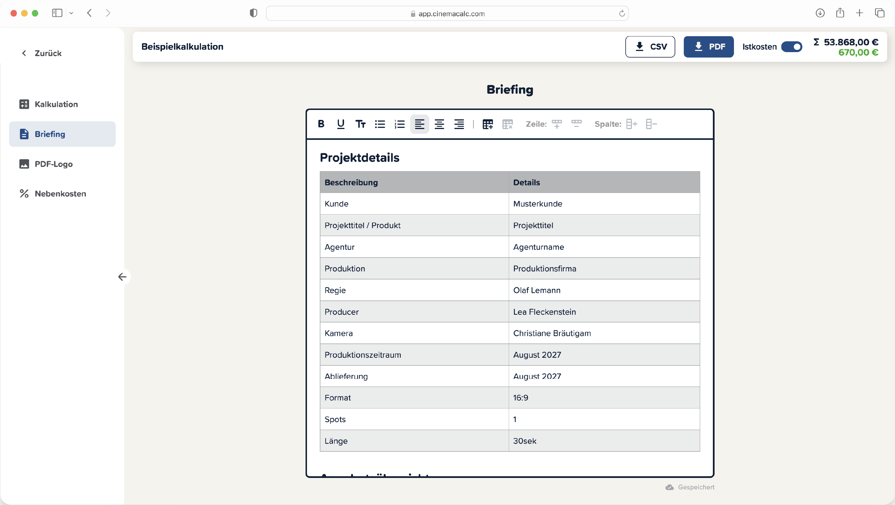 Screenshot der Cinema Calc Production Briefing