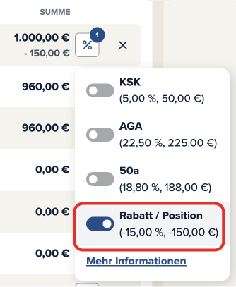 Screenshot der Cinema Calc App mit einem roten Kasten um den Rabatt an einer Position