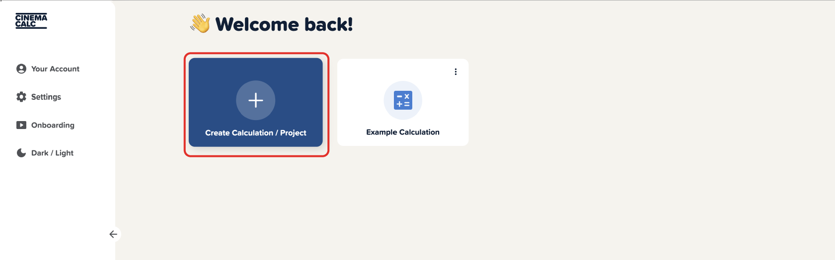 Screenshot of the Cinema Calc app with a red box around creating new projects