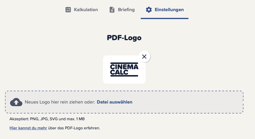 Screenshot der Cinema Calc App, nachdem ein Logo in den Kalkulationseinstellungen hinzugefügt wurde
