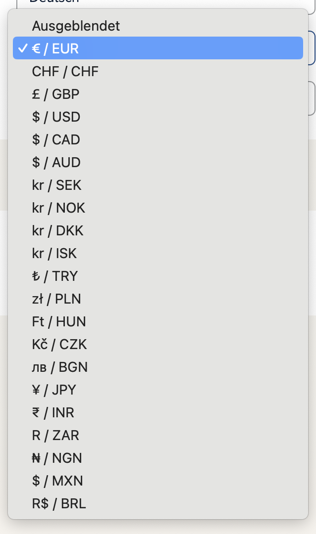 Screenshot der Cinema Calc App mit der Währungsauswahl.