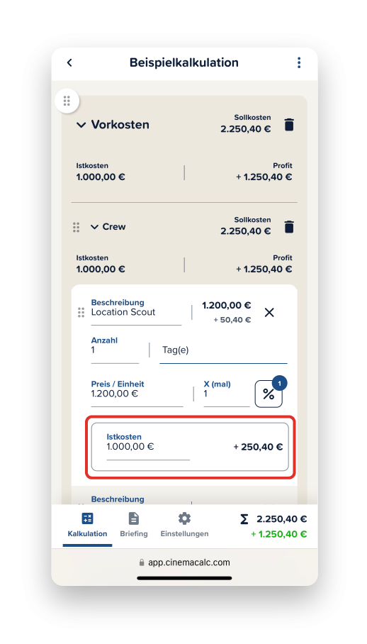 Screenshot der mobilen Ansicht der Istkosten