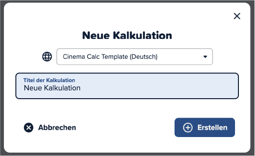 Screenshot der Cinema Calc App mit einem roten Kasten um neue Projekte anlegen