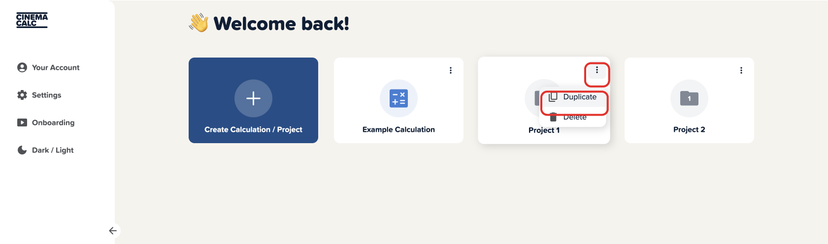 Screenshot of the Cinema Calc app with a red box around creating new projects