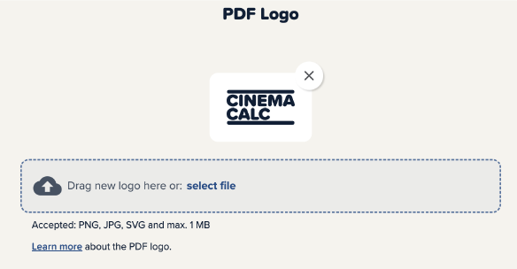 Screenshot of the Cinema Calc app after adding a logo in the calculation settings