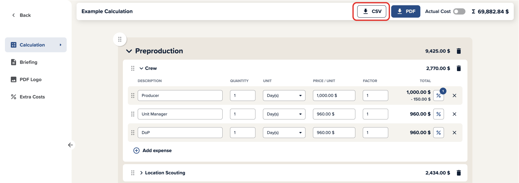 Screenshot of Cinema Calc App with a red box around the CSV Download Button