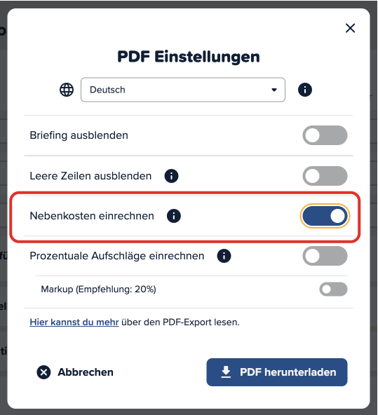 Screenshot der PDF-Export Einstellungen