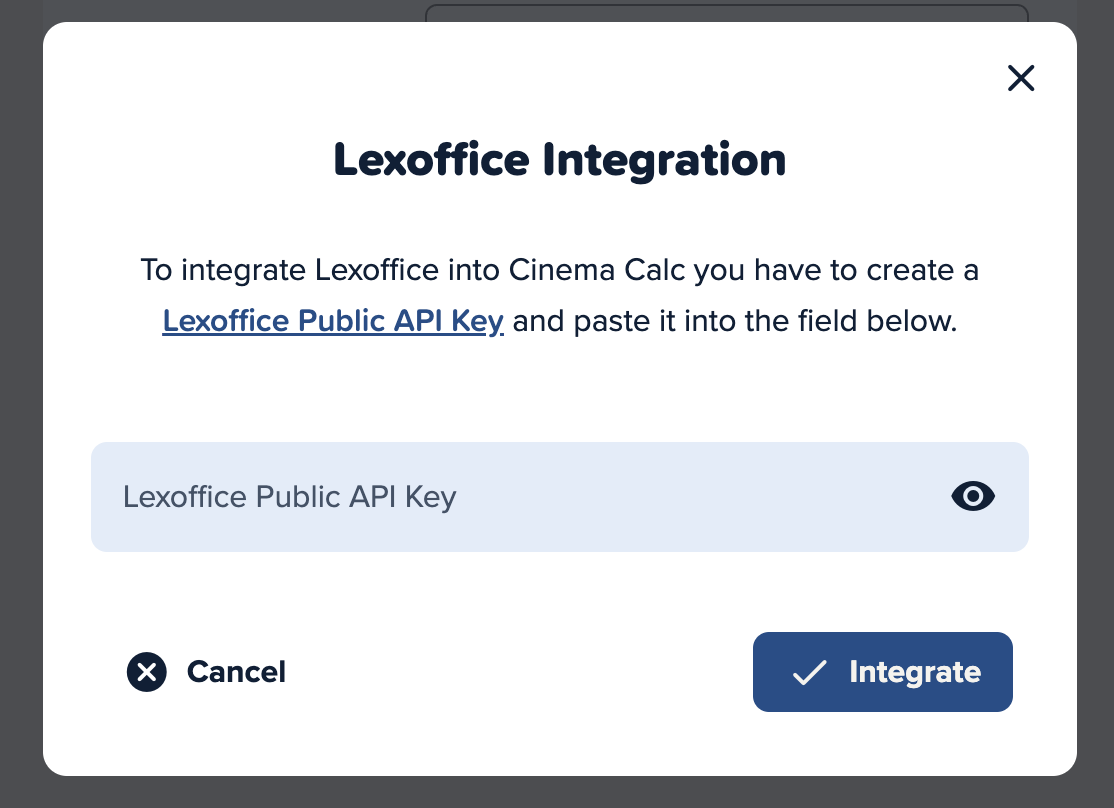 Screenshot der Cinema Calc App mit der Ansicht Lexware Office Public Key zu erstellen.