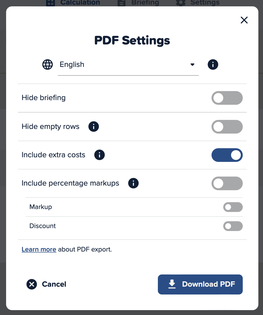 Screenshot of PDF Export Settings