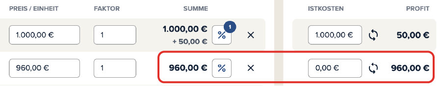 Screenshot einer Zeile bei dem im Istkosten-Feld 0,00€ steht und der Profit gleich dem Sollwert ist