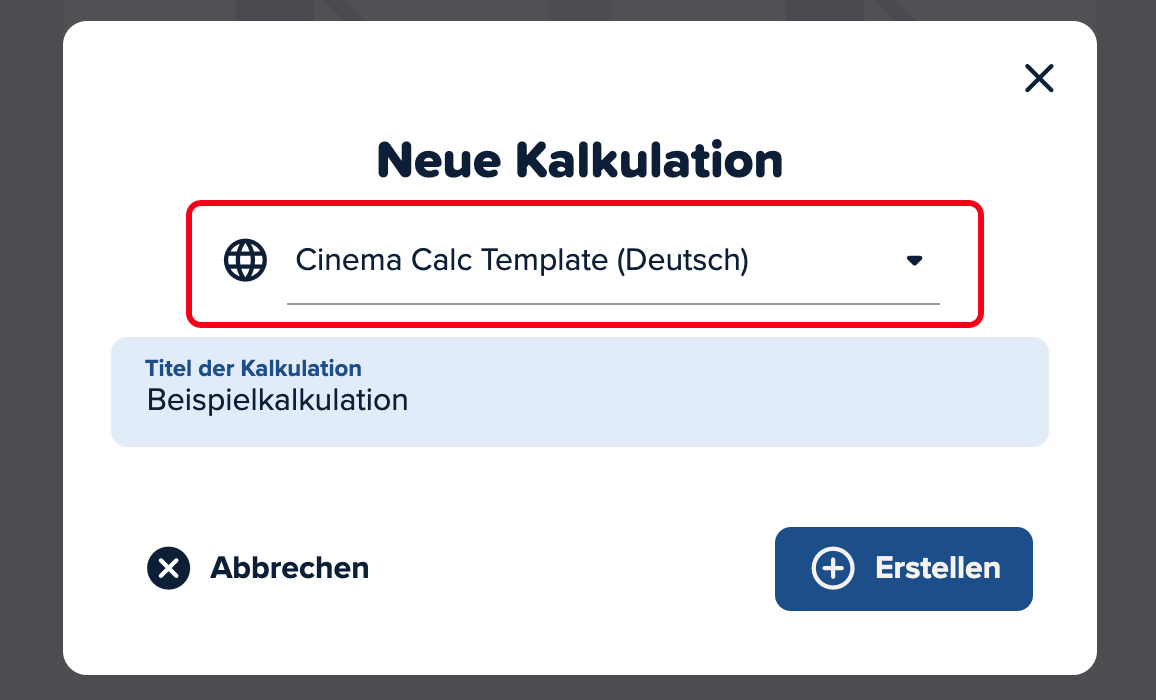 Screenshot der Cinema Calc App mit einem roten Kasten um das Dropdown, welches die Kalkulationsvorlagen auswählt