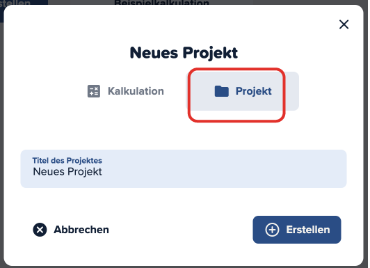 Screenshot der Cinema Calc App mit einem roten Kasten um neue Projekte anlegen