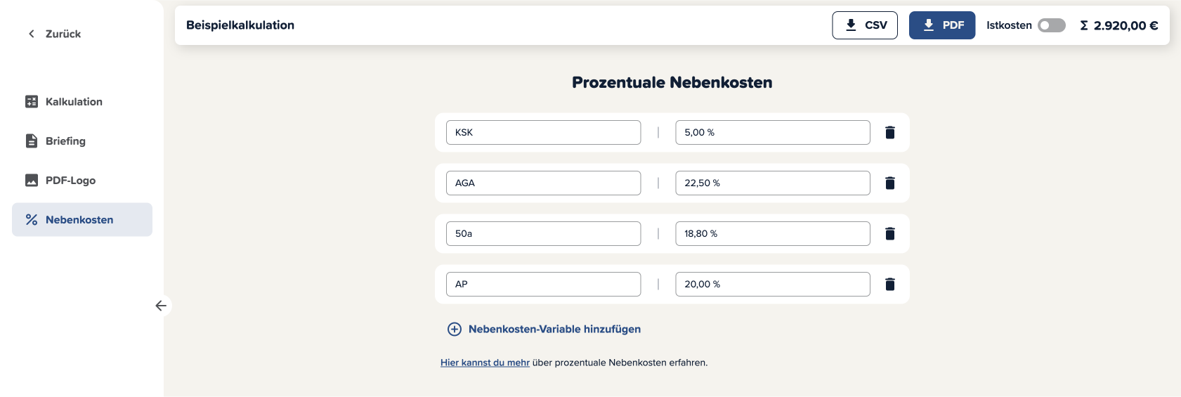 Screenshot der Cinema Calc LNK Einstellungen