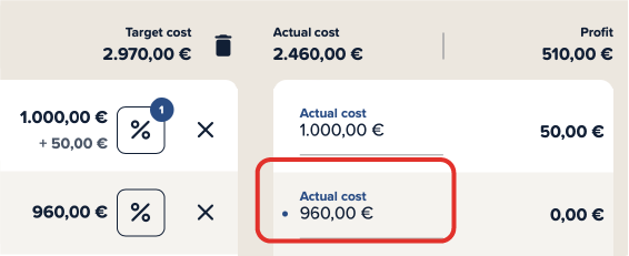 Screenshot of an Actual Costs field where the dot next to the number is visible, indicating the activation of the link between target and actual costs