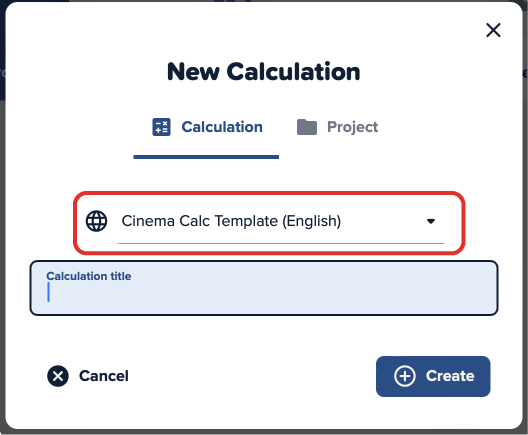 Screenshot of the Cinema Calc app with a red box around the dropdown that selects the calculation templates