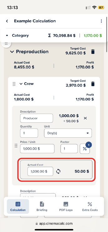 Screenshot of the mobile view of Actual Costs