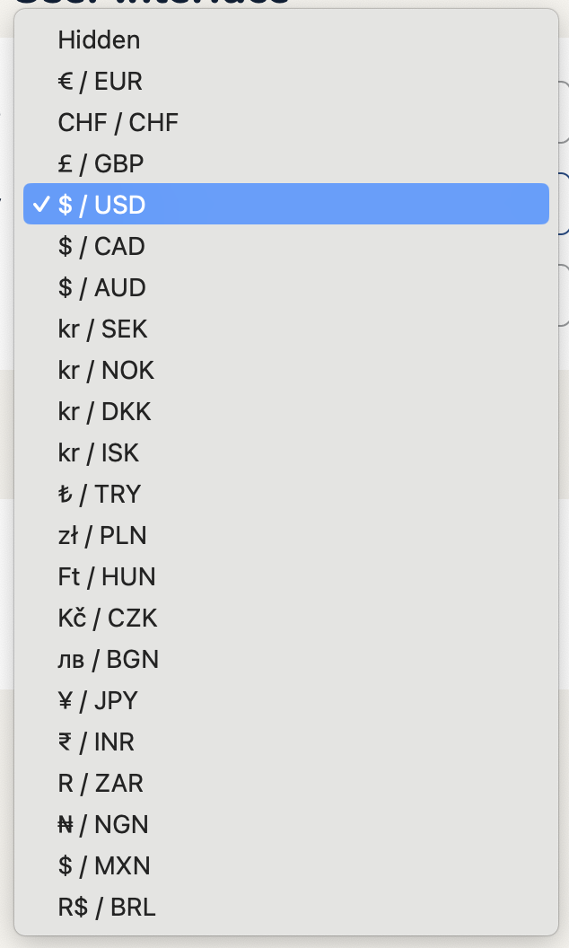 Screenshot of the Cinema Calc app with the currency selection