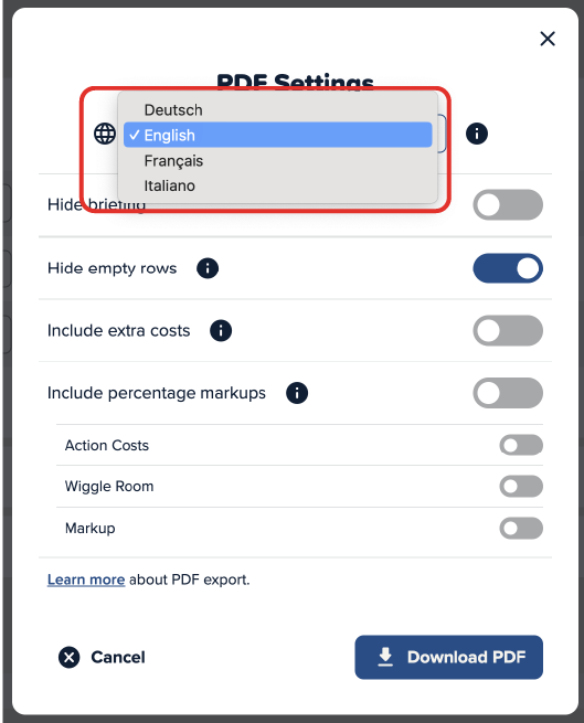Screenshot of the Cinema Calc app with a red box around the dropdown that selects the language of the PDF