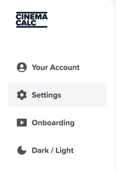 Screenshot of the Cinema Calc app with the settings tab