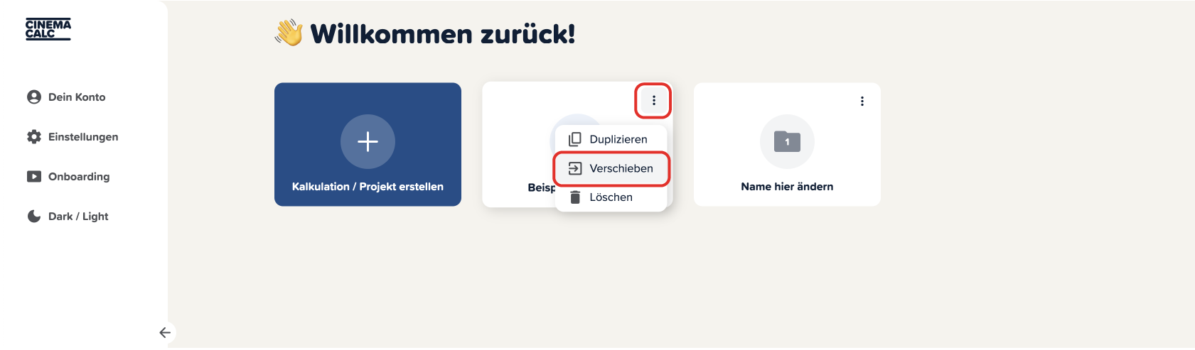 Screenshot der Cinema Calc App mit einem roten Kasten um neue Projekte anlegen