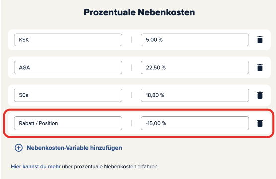 Screenshot der Cinema Calc App mit einem roten Kasten um die negative Variable