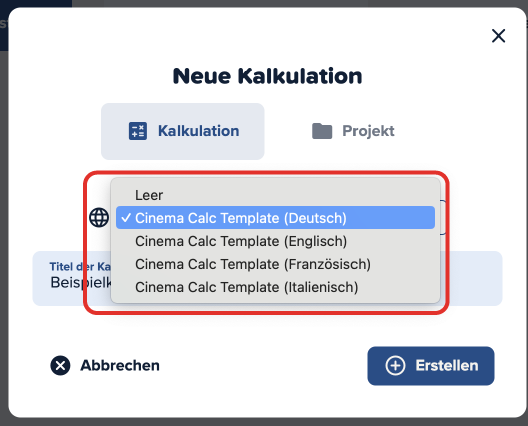 Screenshot der Cinema Calc App mit einem roten Kasten um das Dropdown, welches die Kalkulationsvorlagen auswählt